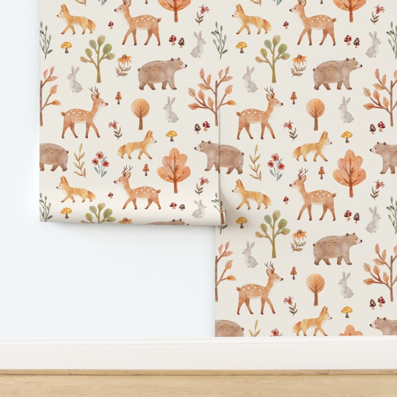 Watercolor Nursery Whimsical Woodland Animals Baby Deer Fox Bear Bunny Mushroom Flowers Hand Drawn Forest Rabbit Nature Cottagecore Leaves Custom Removable Wallpaper by Spoonflower Peel & Stick Wallpaper 2FT Wide